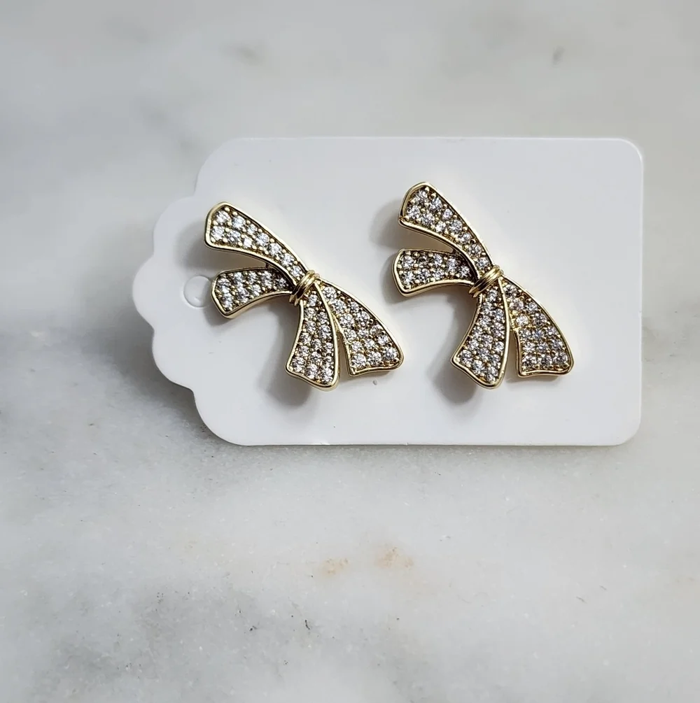Gold Plated CZ Bow Stud Earrings Dainty Ribbon Coquette Jewelry.